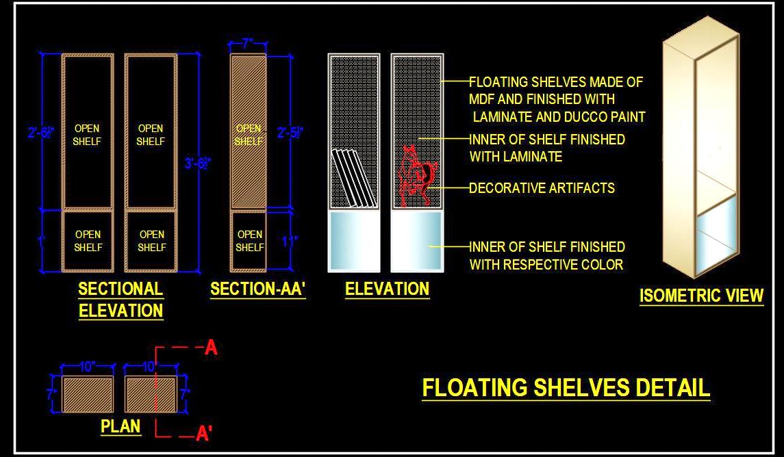 Modern Floating Wall Shelves- AutoCAD DWG Detail